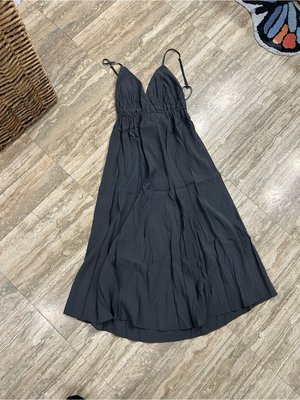 Zara Dark Gray Smocked-Body Maxi Dress with Spaghetti Straps - Picture 3 of 6